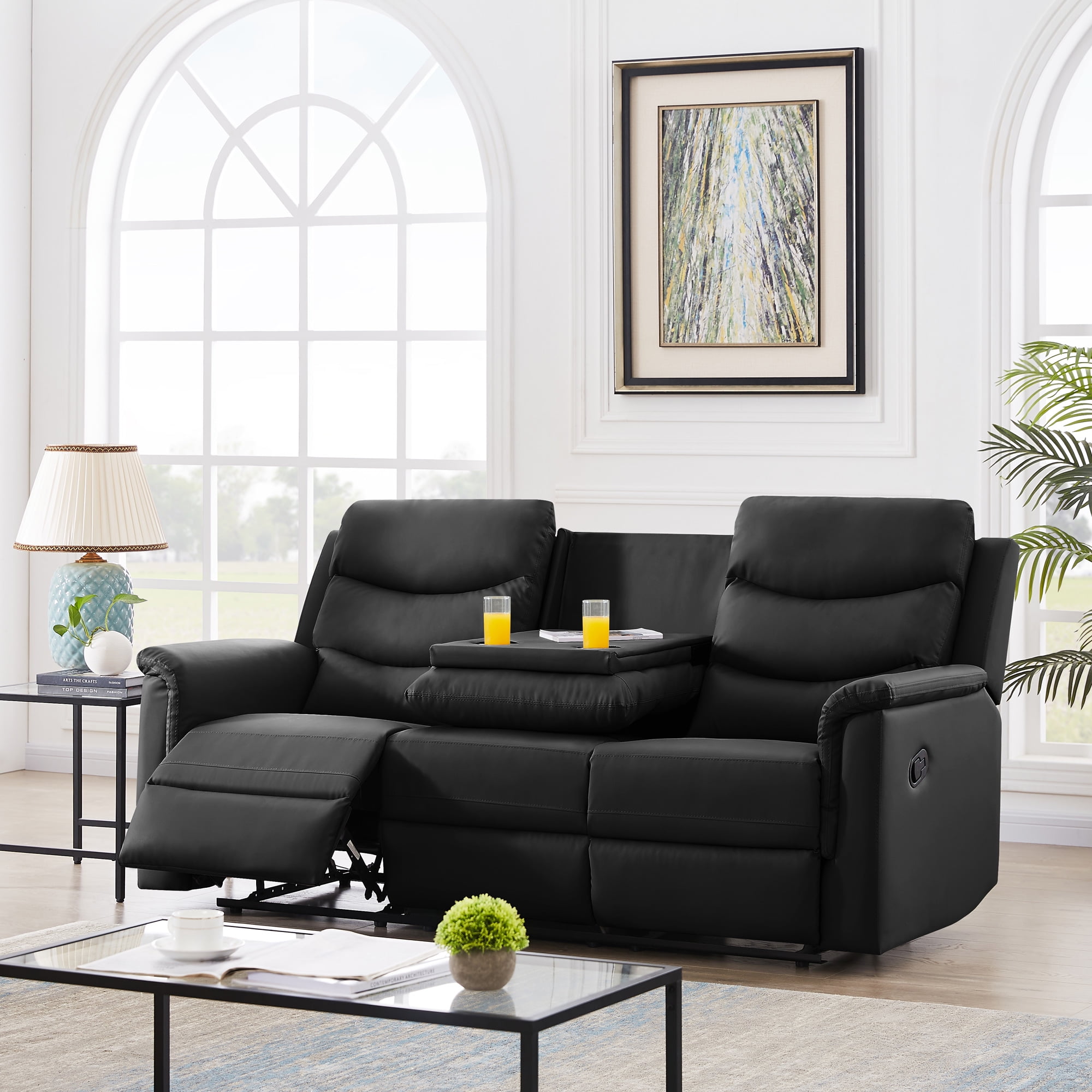Modstyle Reclining Sofa Couch with Console & Cup Holders, PU Leather