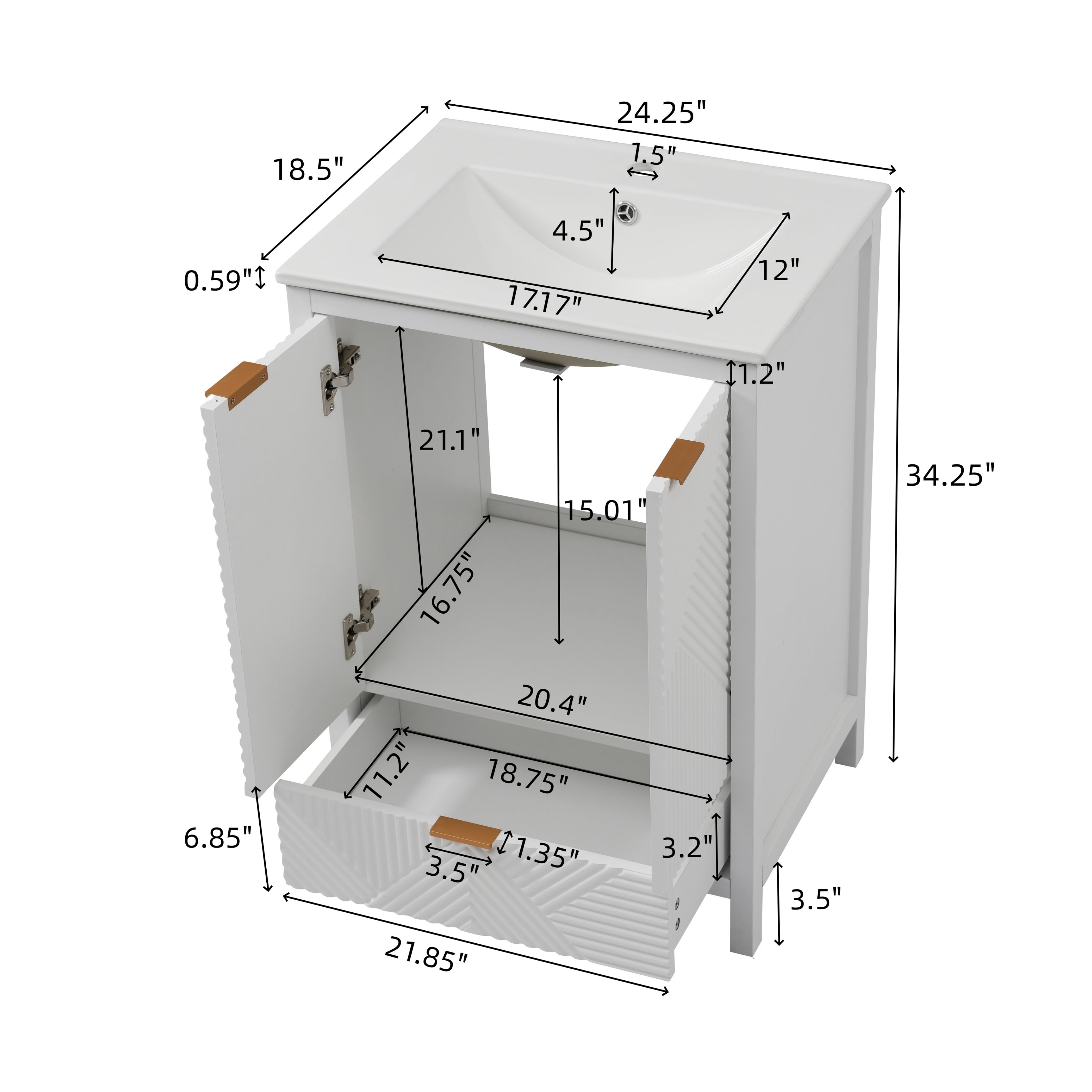 Euroco 24 Inches Bathroom Vanity with Sink Combo, Modern Bathroom Vanity with Single Faucet Hole, Textured Door Panels and a Drawer, Pine Legs, Large Storage Space & Soft Close Hinges, White