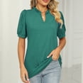 thumbnail image 4 of TSADFHJI Christmas Tops Plus Size Summer V Neck Pullover Solid Color Pleated Puff Sleeve Design T Shirt L Green, 4 of 7