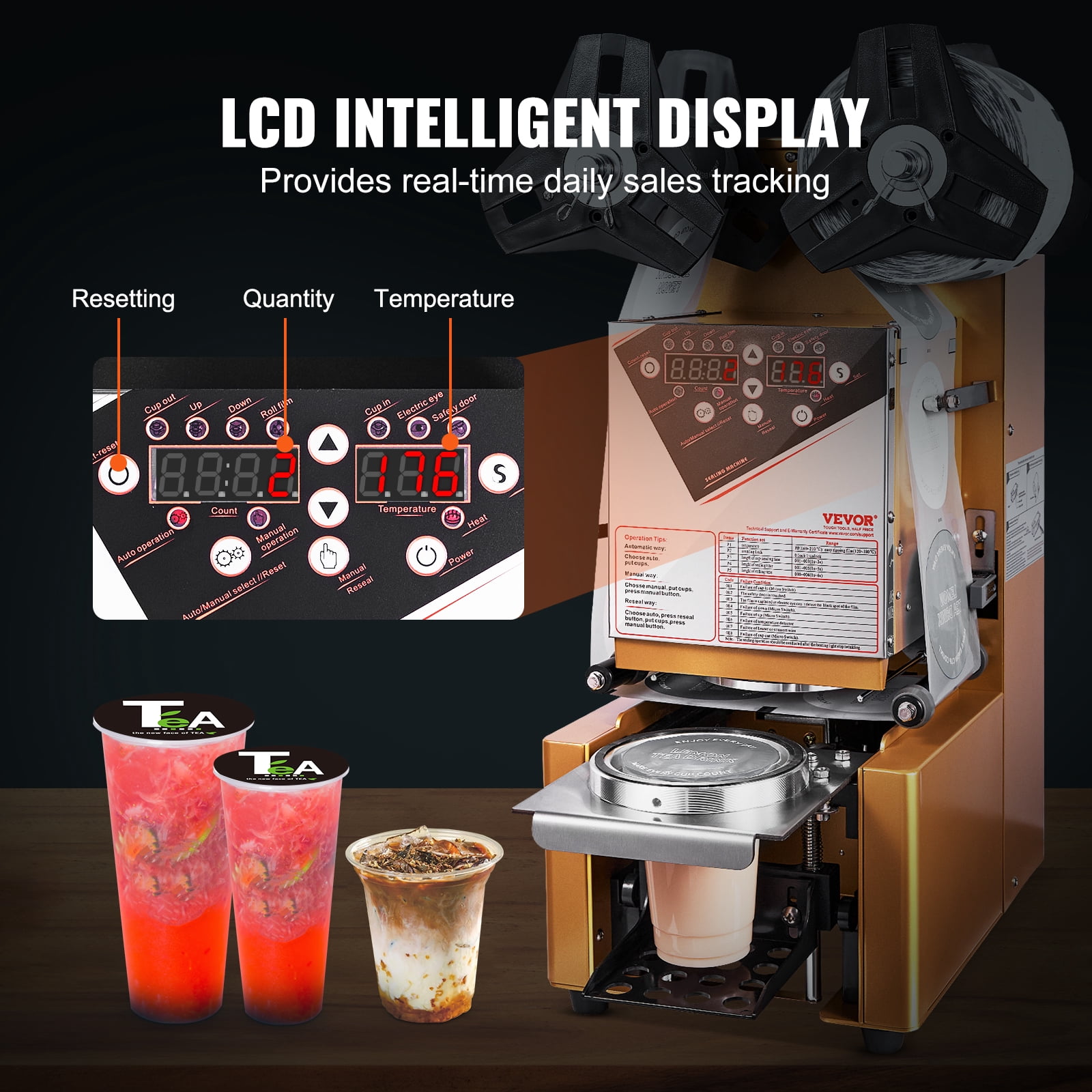 KFFKFF Fully Automatic Sealing Machine Tea Cup Sealer 500-650 Cups/H 190 mm Gold