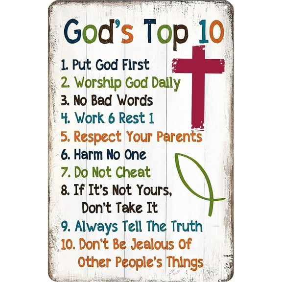 Tin Sign-Gods Top Ten Inspirational Metal Sign, Christian Bible Verse Decor, 8x12 inch