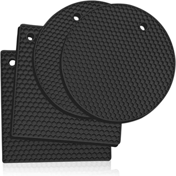 KITCHEN Silicone Trivets, Pot Holders, Hot Pads, Jar Opener, Oven Mitts Shape Round and Square ( 4-Pack Set ) (Black)