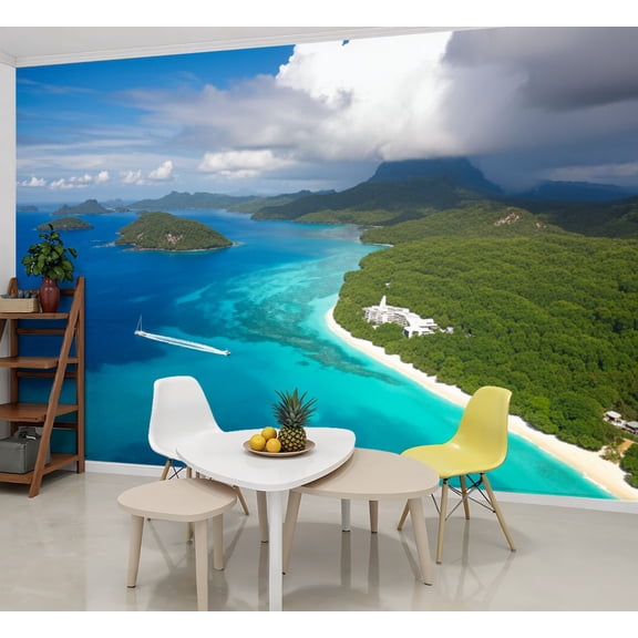 Wallpaper aerial view Caneel Hawksnest Bays Peel and Stick Wall Murals 69"H x 96"W Removable PVC Wall Paper Self-Adhesive Wall Paintings Art Decor for Bedroom Living Room