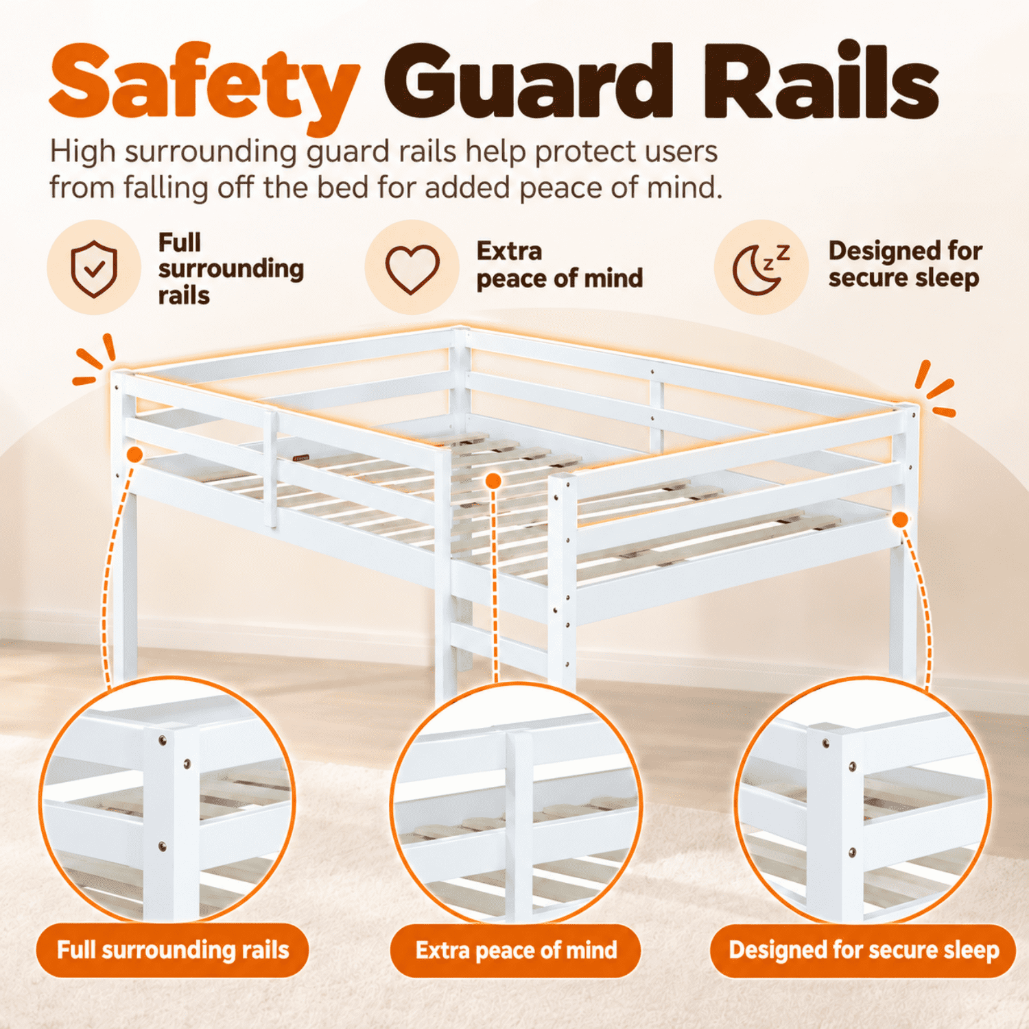 Miniyam Full Loft Bed for Kids, Solid Wood Frame with Ladder and Guardrails, Space-Saving Design, White