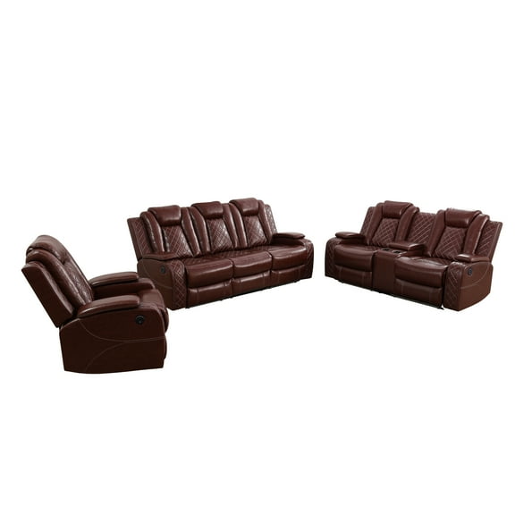taoruifang Brown Breathing Leather 3-Piece Living Room Recliner Sofa Set with LED,Storage and Cup Holders, ,Sofa Loveseat Chair,
