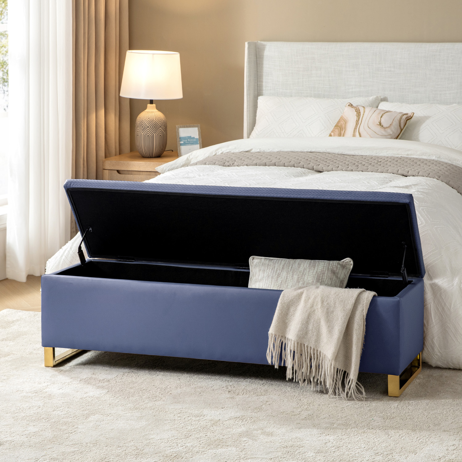 Tina's Home Storage Bench with 2 Ottomans,  Upholstered Entryway Bench with Stainless Steel Legs Modern Seating for Living Room, Bedroom Navy