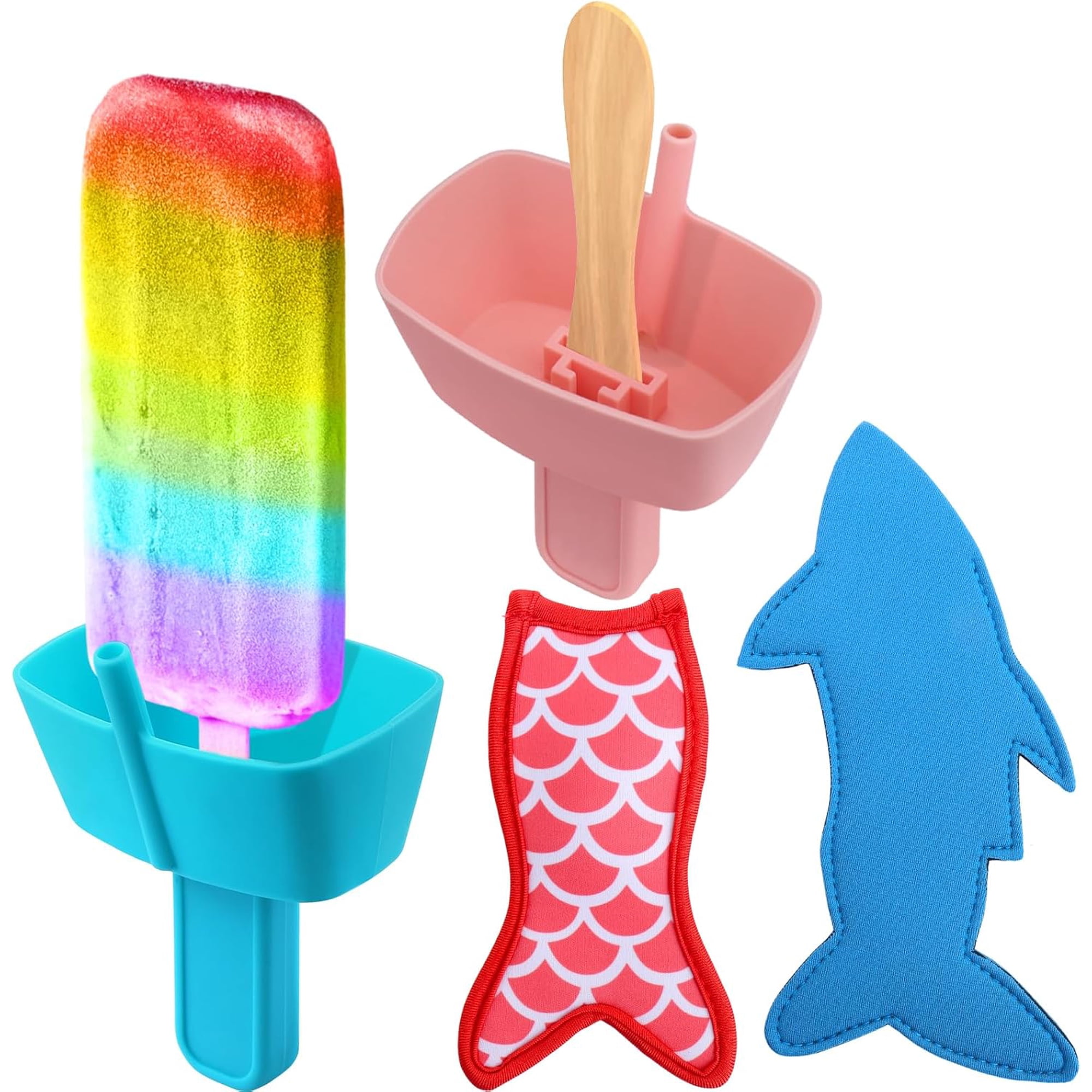 BURIBURI 8pcs Popsicle Holders and Ice Pop Sleeves Set for kids No Drip Silicone Popsicle Holder with Straw and Reusable Neopreneee Freeze Popsicle Sleeves for Toddlers Mess Free No Freezing Hands