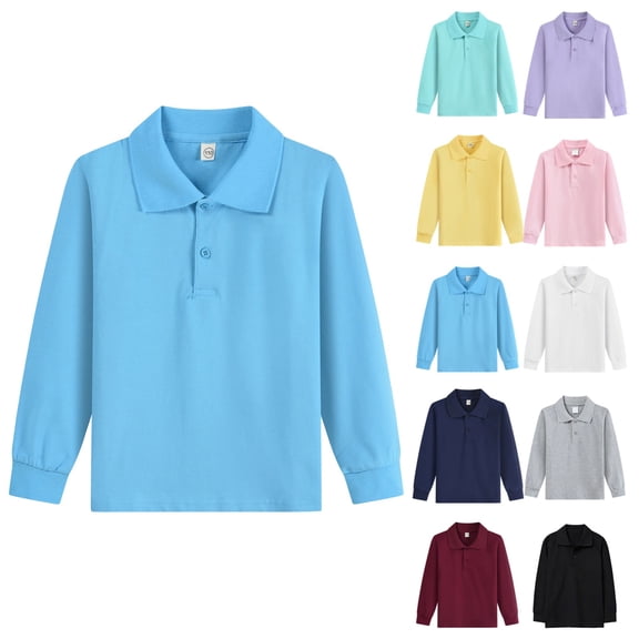 LTTVQM Boys Girls Polo Uniform Shirts Size1 Long Sleeve Tops Casual Button Uniform Shirts 2026 Fall Winter New with Collar Golf Polo Shirt Athletic Clothes Blue 10-12 Years