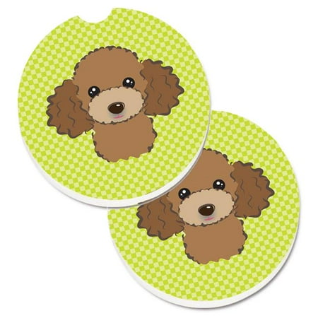 

Checkerboard Lime Green with Chocolate & Brown Poodle Set of 2 Cup Holder Car Coaster