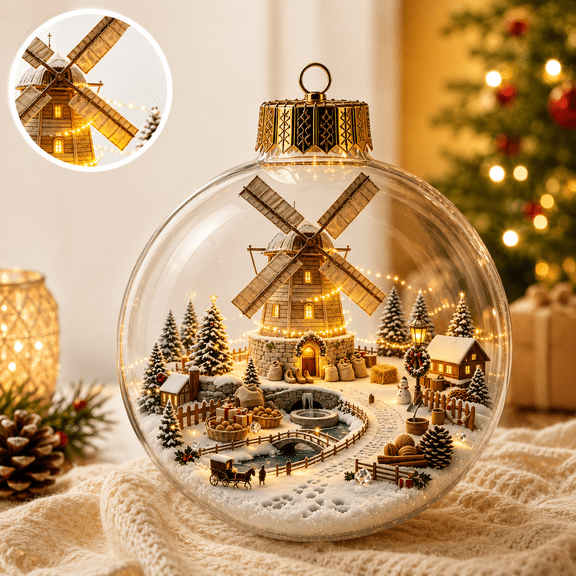 Clear LED Holiday Bauble, Multicolor Plastic Christmas Tree Ornament with Warm Lights and Mini Scene, Window Mantel Hanging Decor