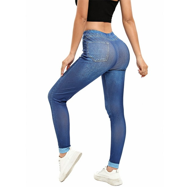 Bellella Ladies Fake Jeans Skinny Leggings Ankle Length Faux Denim Pant  Stretch High Waist Pencil Pants Sport Trousers Blue L