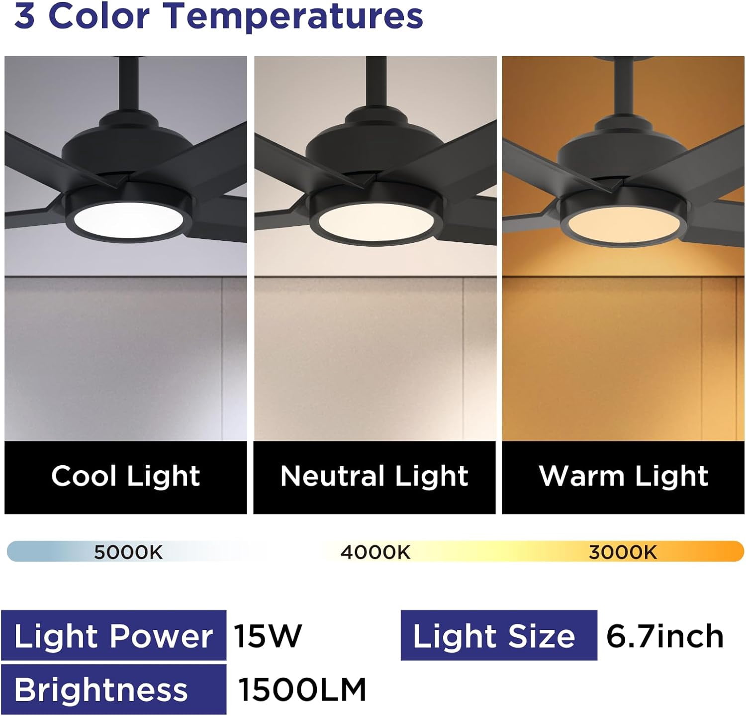 52 Inch Black 5-Blade Modern Ceiling Fan, 3CCT Dimmable LED Light, Reversible DC Motor, Wireless Remote & 2/4/8H Timer for Living Room Bedroom Kitchen
