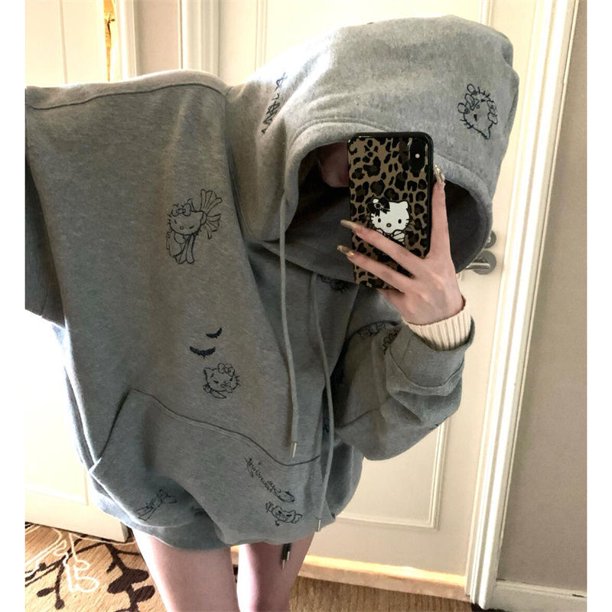 Sudadera con capucha estilo americano con estampado divertido de Hello Kitty, sudadera holgada informal para estudiantes, diseño lindo, tendencia versátil