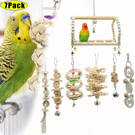 7-Pack Bird Cage Toy Set, Natural Wood Parrot Swing & Chewing Toys for Small Birds, Cockatiels, Parakeets, Conures and Finches