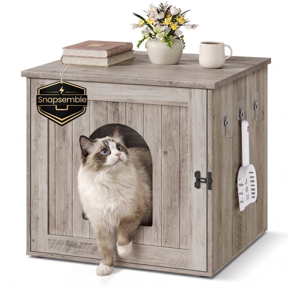 SONGMICS HOME Litter Box Enclosure, Superfast Toolless Assembly, Cat Washroom Furniture, Push-to-Open Doors, Cat House, Light Ivory