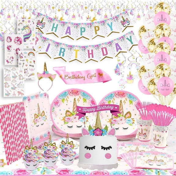 RFAQK 197 PCS Unicorn Party Supplies for  Birthday Decorations Serves 16 Includes Happy Birthday Banner,Napkins,Cake Topper,Headband,Sash & Large Tablecloth for Creating Themed Party