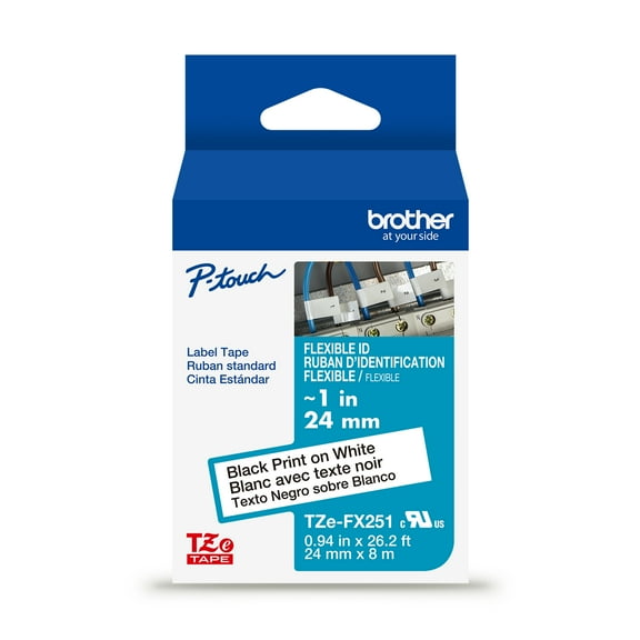 Brother P-touch TZeFX251 Black Print on White Label Tape, 1in (24mm) x 26.2ft (8m) Laminated, 1-Piece