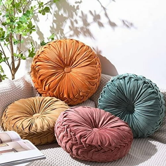 Set of 4 Decorative Round Pleated Throw Pillows, Classy Velvet Pumpkin Round Throw Pillows, Decorative Floor Pillow for Bed Chair Home Sofa Decor, 14" Diameter(Colorful)