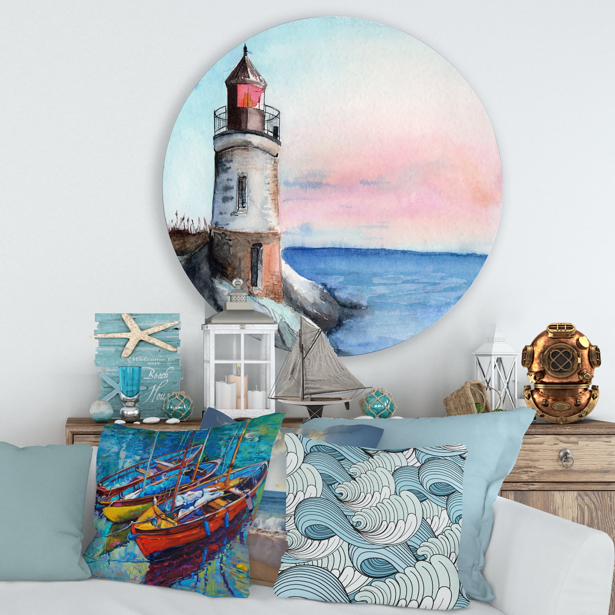 Designart 'A Lighthouse On A Rock Shore At Dawn' Nautical & Coastal Circle Metal Wall Art 29x29 - Disc of 29
