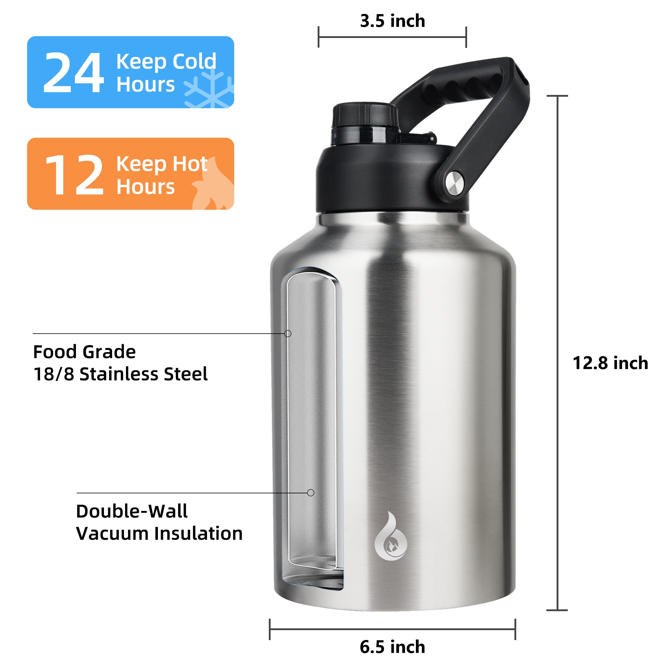BJPKPK 128oz Insulated Water Bottle with Wide Mouth, One Gallon Stainless Steel Water Bottle with Handle, One Gallon Water Jug for Sports, Travel, Stainless Steel