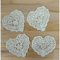 Handmade Crochet Lace Heart Shape Coasters Doilies, 4-inch, Beige Color, Set of 4