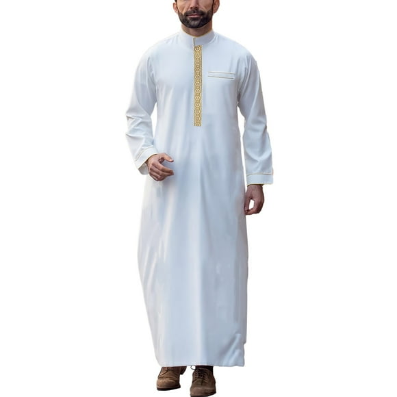 Muslim Men's Long Sleeve Mens Button Crotch Shirt Embroidered Stand Collar Arab Christmas Romper Men Loose Men's Robe