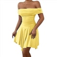 thumbnail image 3 of Vestido Corto de Cóctel con Hombros Descubiertos, Dobladillo Fruncido y Corsé Fruncido para Mujer Amarillo XS, 3 of 10