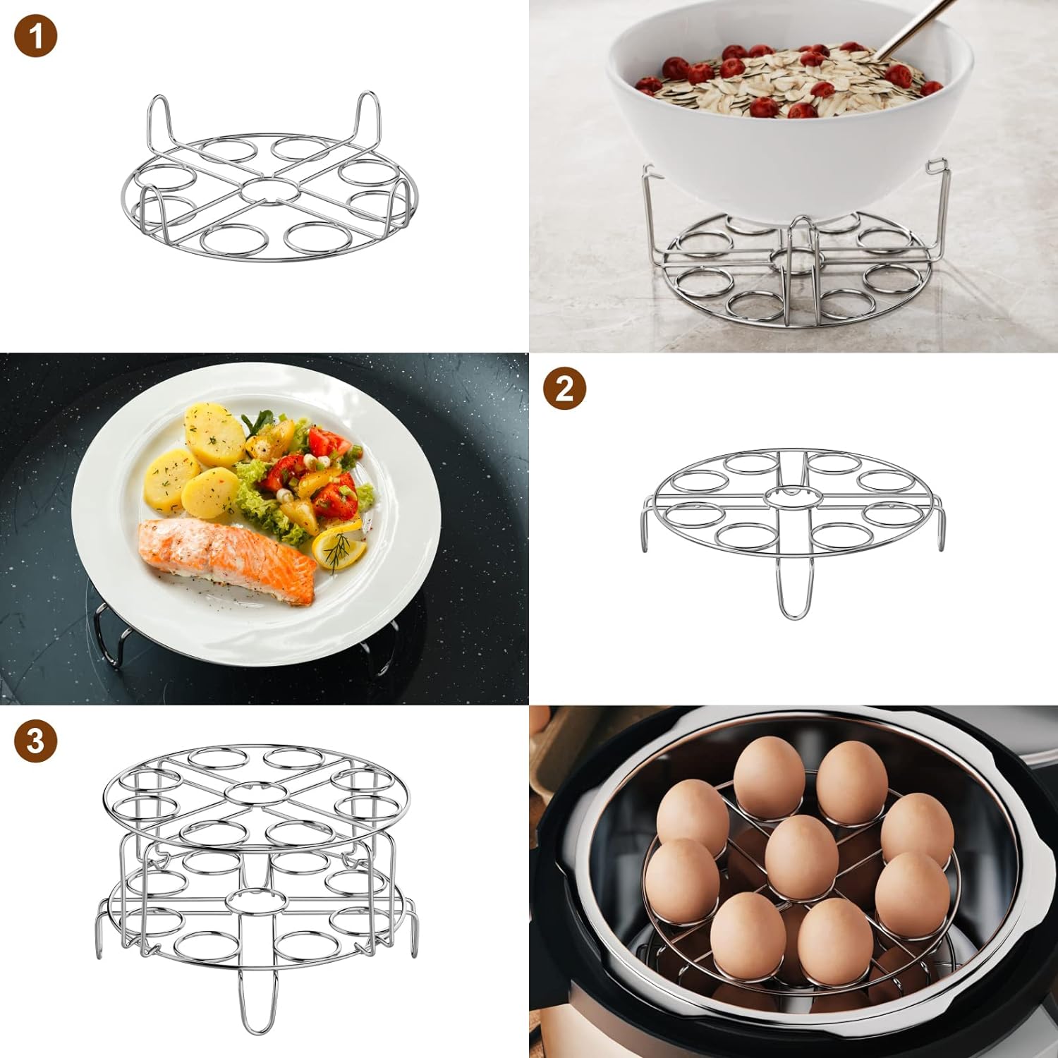 Egg Steamer Rack - Stainless Steel Trivet for 8 Quart Pressure Cooker, Cooks 18 Eggs, Stackable Insert Instant Pot Accessories, 7.87 Inch, 2 Packs