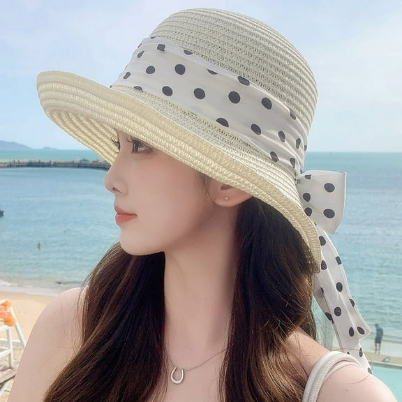 SikaFu Summer Outdoor Seaside Hat Girl Is Fashionable, Simple, Tapped Dot Straw Hats Sweet Wave Dot Dot Sun Hat Spot
