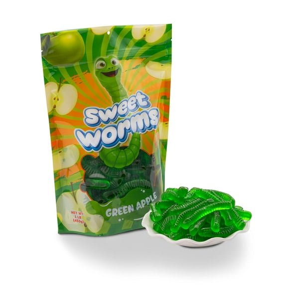 FirstChoiceCandy Sweet & Sour Gummy Worms, Multi Flavors and Solid Colors (1 Pound, Green Apple)
