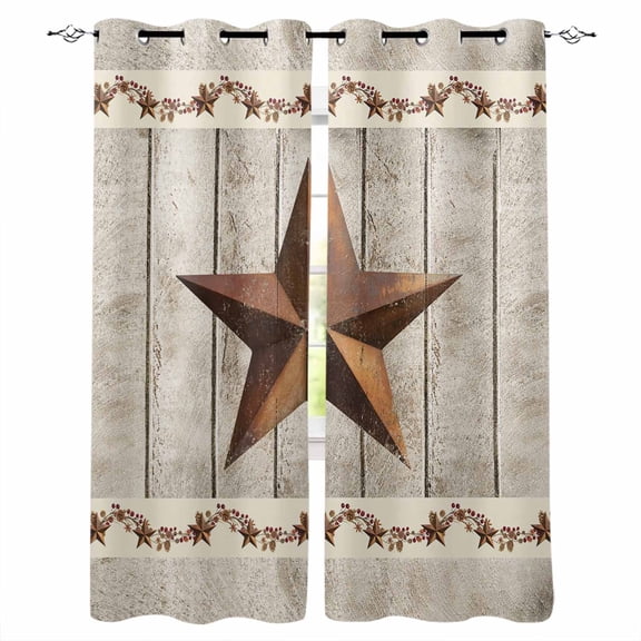 Western Texas Star Retro Blackout Curtains for Bedroom/Living Room, Thermal Insulated Kitchen Curtains, Country Farmhouse Gray Wood Grain Grommet Darkening Window Treatment Drapes 52"x84"x2