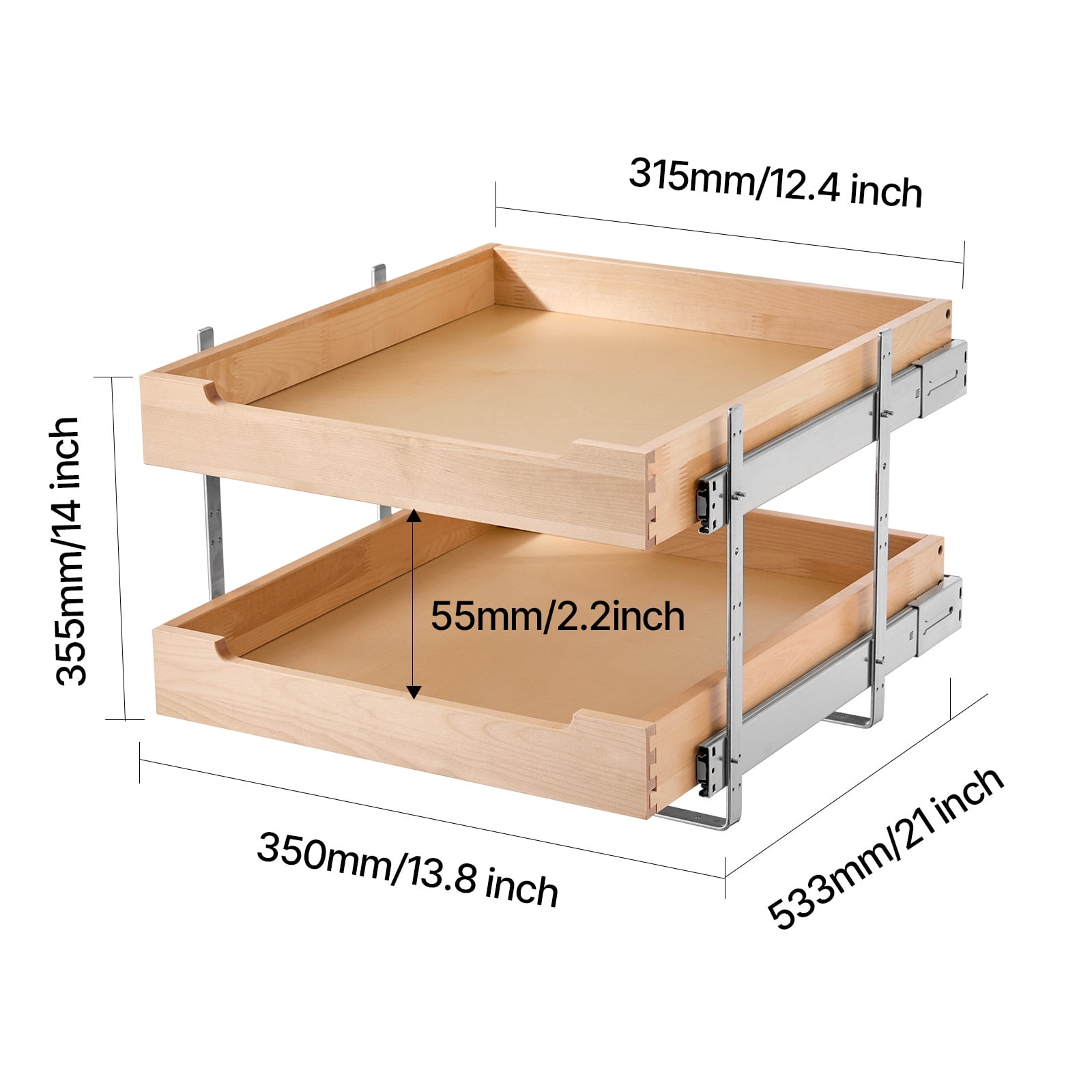 KFFKFF 2-Tier Pull-Out Cabinet Organizer, 20"W x 21"D Sliding Drawer, Soft-Close Shelf, Durable Wooden Design, Adjustable Base for Kitchen, Pantry, or Bathroom Storage