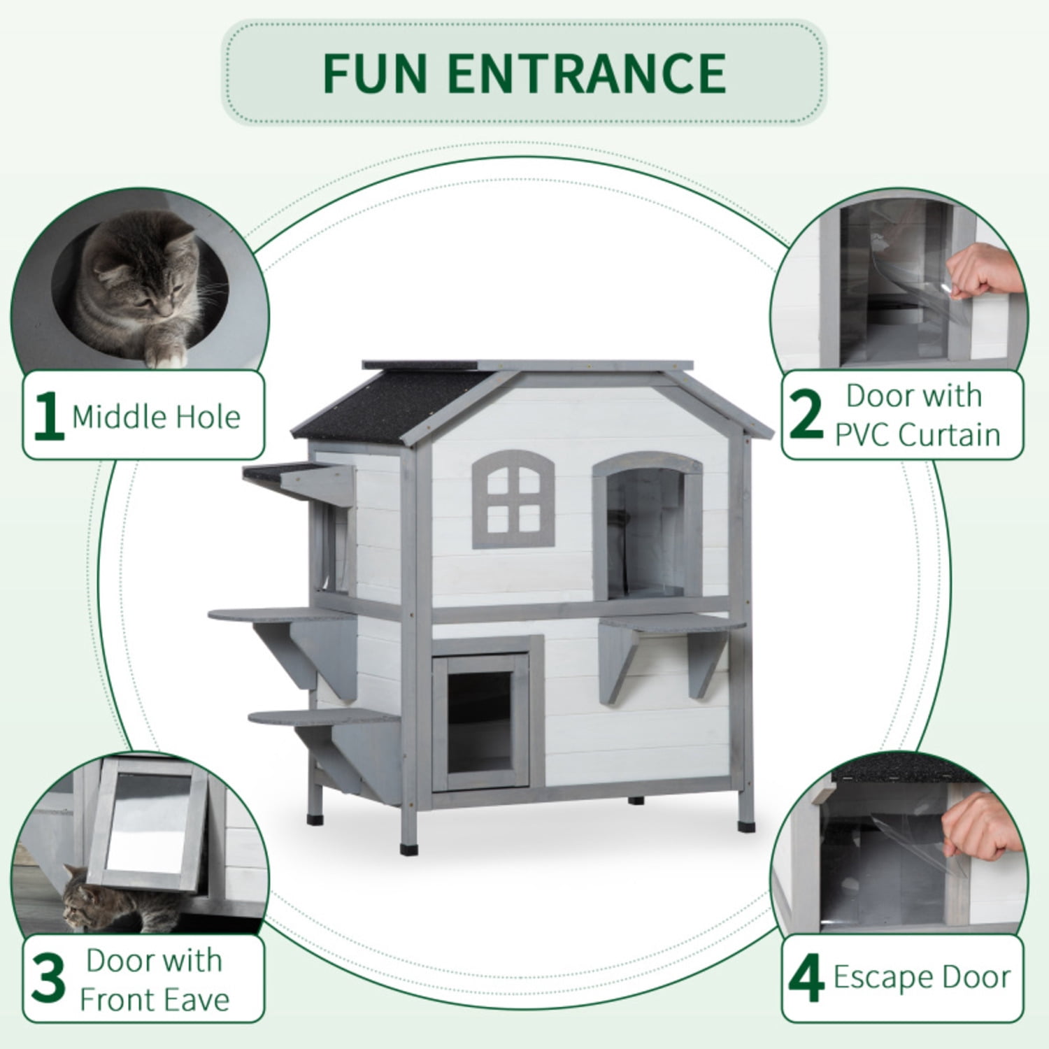 PawHut 2-story House Outdoor, Weatherproof Wooden Cat Enclosure for Feral Cats with Escape Door, Openable Roof, Jumping Platforms