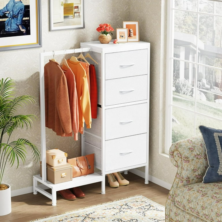 Dresser with Hanging Rack, 4 Drawers Small Closet for Bedroom, Reversible Fabric Chest of Drawers with Clothes Rack, Tall Storage Tower, Sturdy Frame, White, 44''H - Walmart.com Dresser with Hanging Rack, 4 Drawers Small Closet for Bedroom, Reversible Fabric Chest of Drawers with Clothes Rack, Tall Storage Tower, Sturdy Frame, White, 44''H - Walmart.com