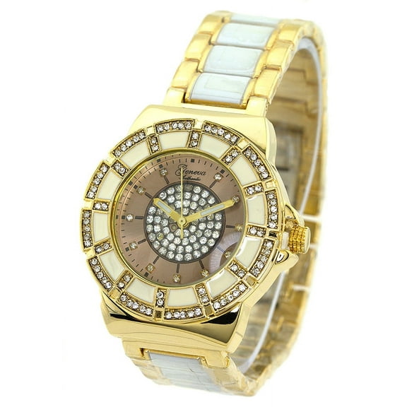 Ladies Unisex White Gold-Tone CZ business Clubbing watch 37mm 13mm thick case. CZ bezel and dial, 20mm wide gold-tone and white link bracelet fits 8 inches wrists.