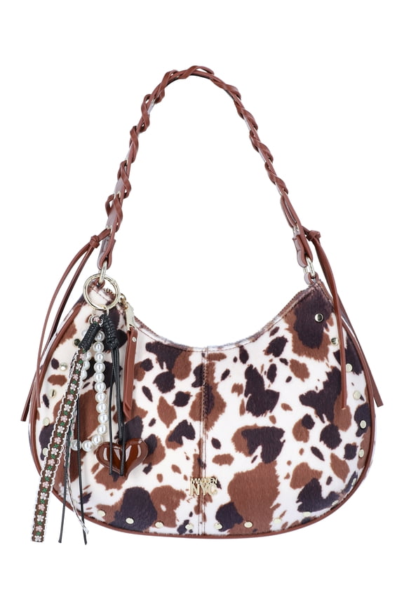 Women's Half Moon Stud Shoulder Bag, Cow Print