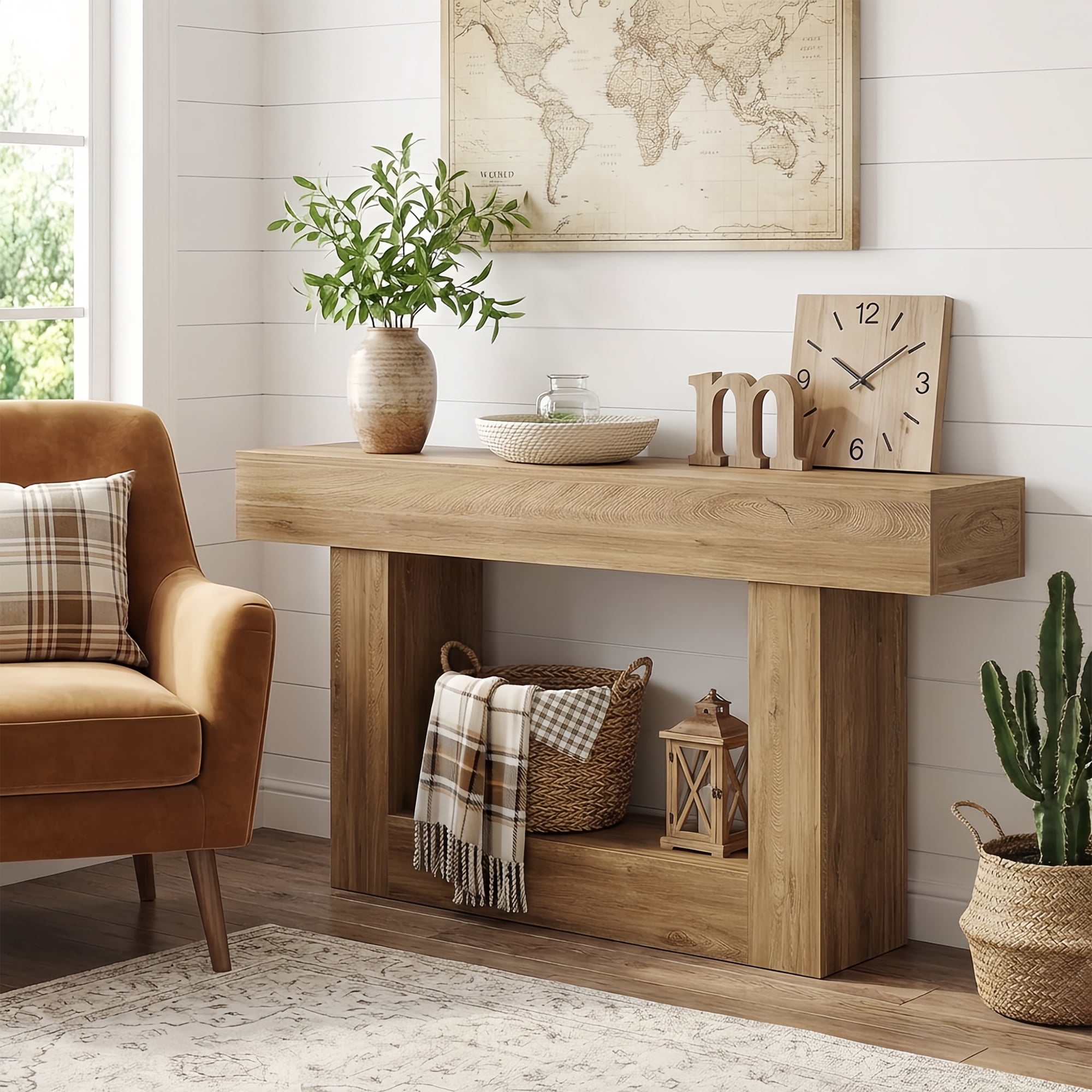 63" Farmhouse 2-Tier Console Table, U-Shaped Base Entryway Table, Narrow Wood Sofa Table Behind Couch for Living Room & Hallway (Light Brown)
