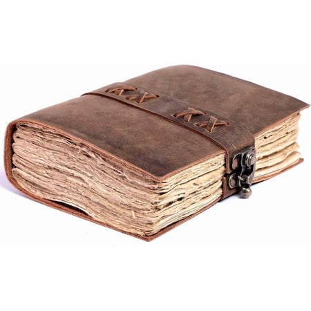 Journal with Lock Closure, Deckle Edge Paper, 200 Pages, Antique Writing Notebook, Distressed Brown, 6 x 4
