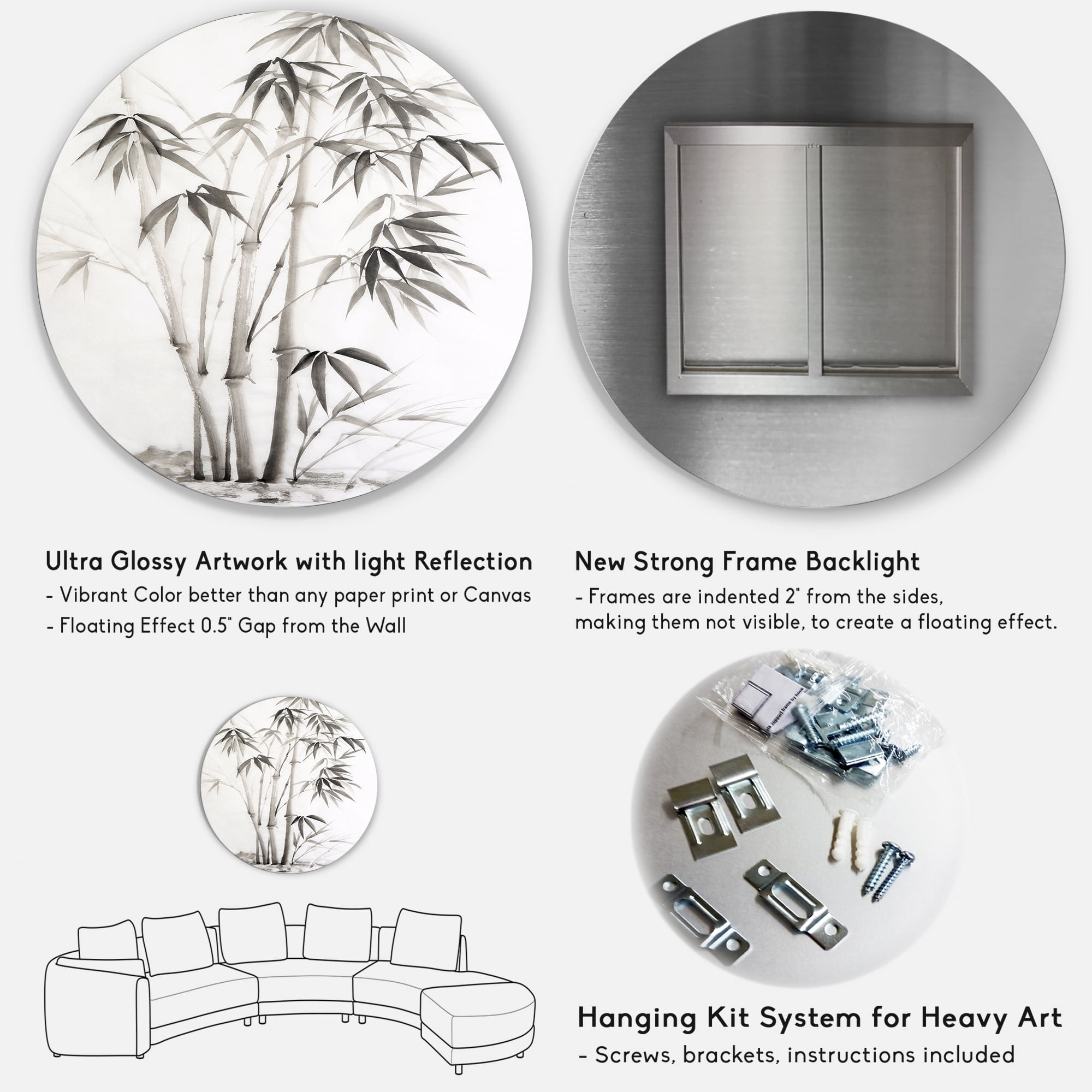 Designart 'Vintage Black and White Bamboo II' Traditional Circle Metal Wall Art 36x36 - Disc of 36