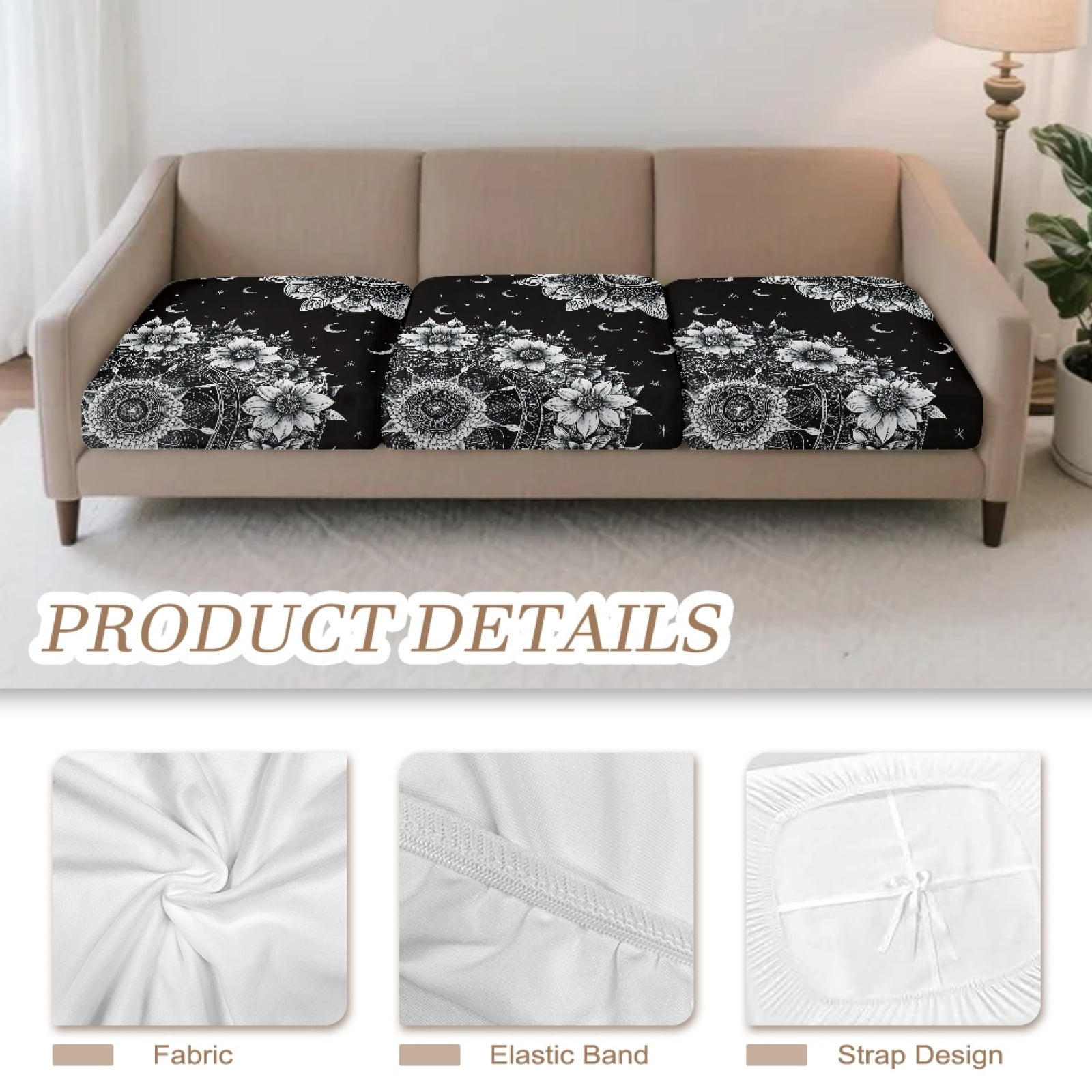 COEQINE Stretch Couch Cushion Cover Soft Sofa Couch Cover Sets Machine Washable Seat Slipcover Furniture Protector for 3 Cushion Sofa for Pets, Kids, Boho Mandala Floral Moon Stars