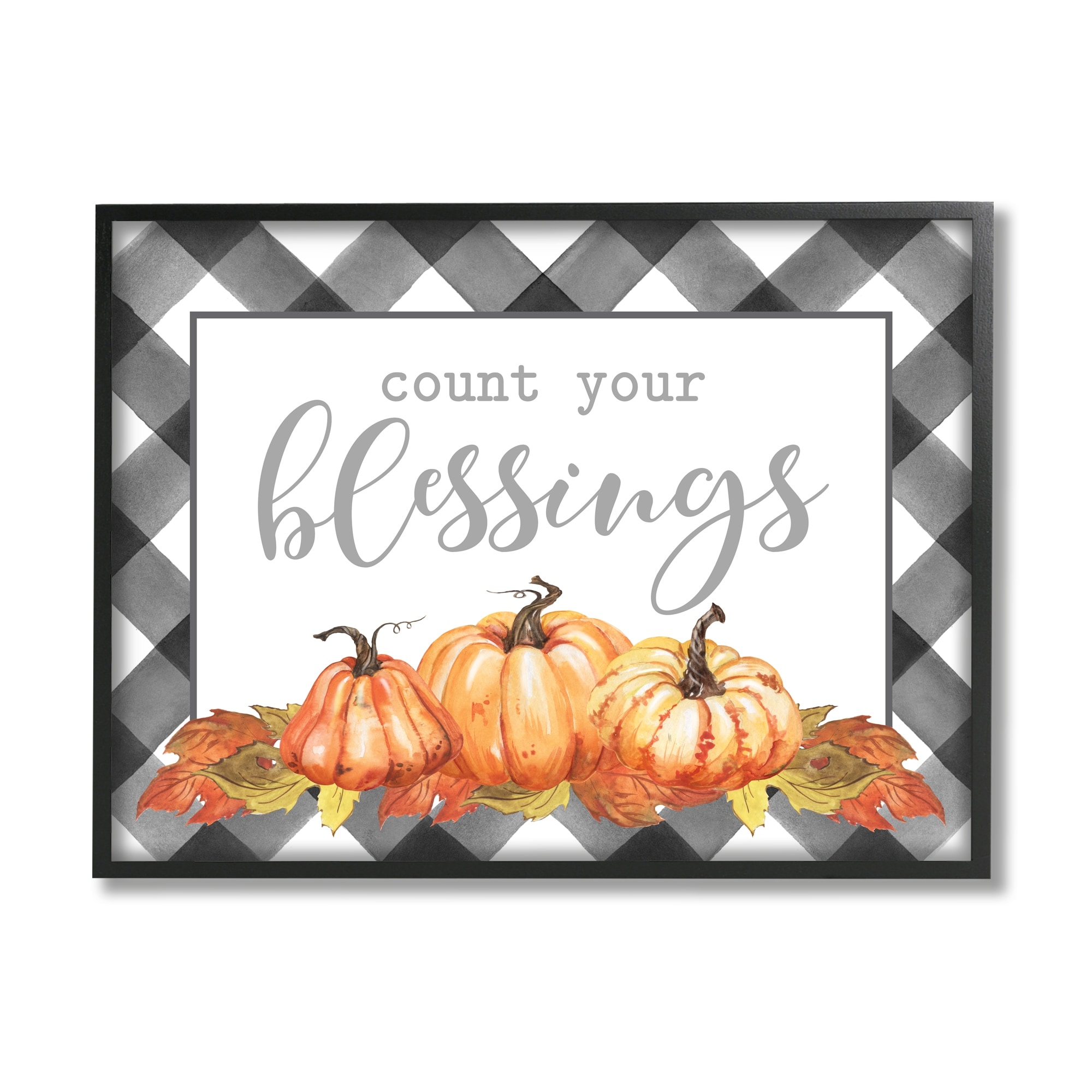 Count Your Blessings Autumn Sentiment Tartan Pumpkin Pattern Botanical & Floral Graphic Art Framed Art Print Wall Art