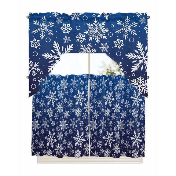 Blue Christmas Kitchen Curtains Swag Valance and Tier Curtains Set 36 Inch Length, Xmas Snowflake White Rod Pocket Drape Panels Pair Swag Curtains for Bathroom/Cafe/Window