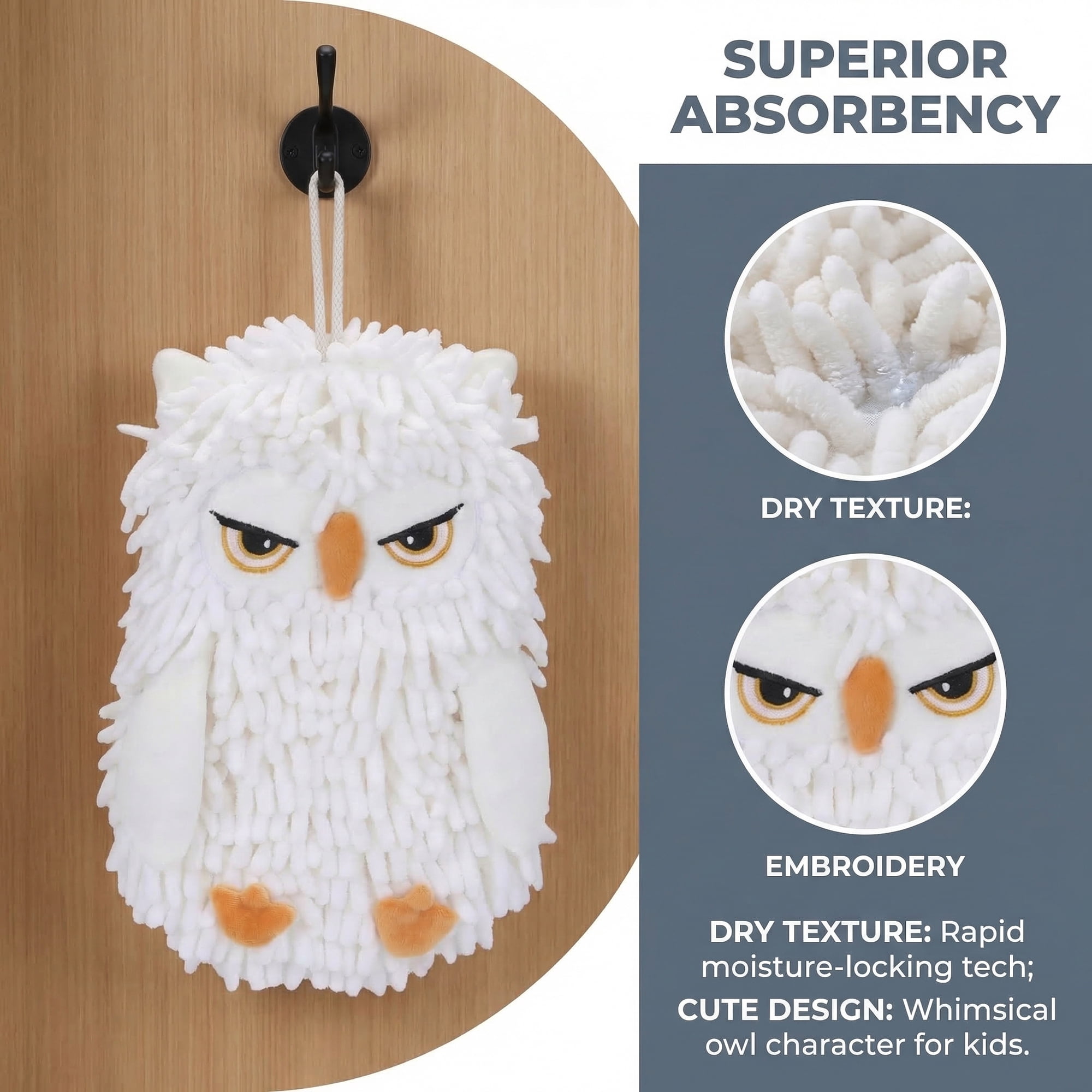 Unique Bargains Cute Owl Shaped Soft Chenille Hanging Hand Towels White 11" x 9"
