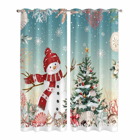 Teal Snowman Christmas Kitchen Curtains Window Panels, Xmas Tree Coastal Snowflake Starfish Insulated Window Treatment Curtain, Grommet Curtains for Bedroom/Living Room/Bathroom, 2 Piece 42"Wx84"L