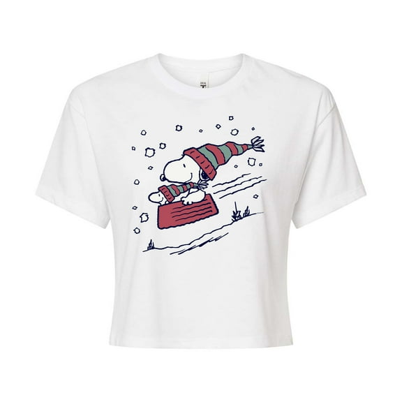 Peanuts - Snoopy Sledding - Juniors Cropped Cotton Blend T-Shirt