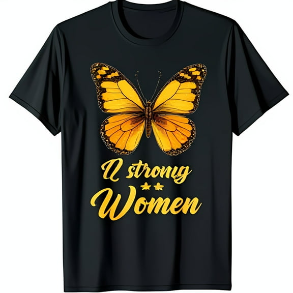 Artistic Black T-Shirt with Yellow Butterfly Graphic & I Strong Women Text