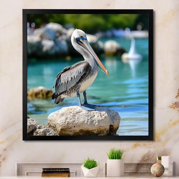 Designart "Coastal Sentinel Pelican Photo" Animals Framed Wall Art Decor - Modern Blue Pelican Entryway Framed Wall Art