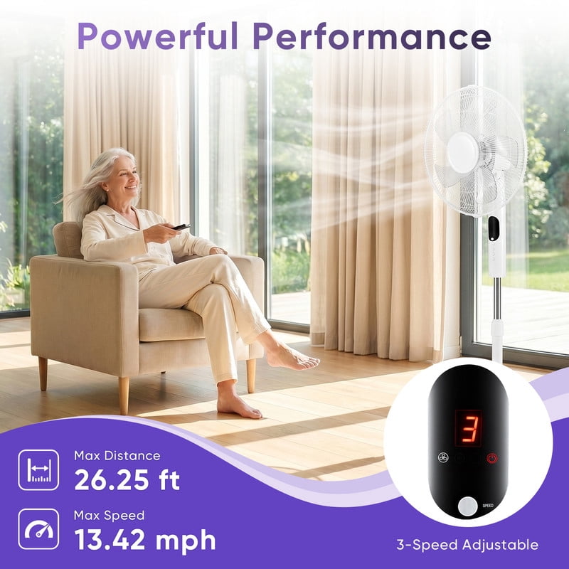 Gianna Quiet Pedestal Fan with Remote, Standing Floor Fan for Bedroom, Home Office - 15H Timer, 3 Speed & 3 Wind Modes, 80°Oscillating, Adjustable Height，White