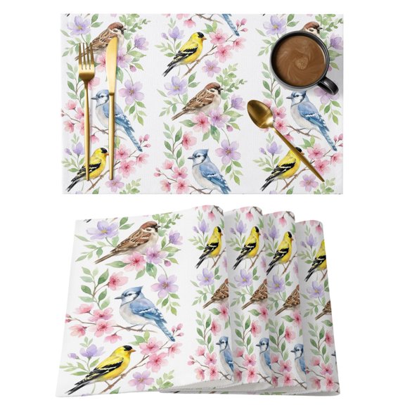 Spring Floral Leaves Placemats Set of 12 Pastoral Bird Cherry Blossoms Watercolor Heat Insulation Washable Place Mats, Non-Slip Table Mats for Dining Table Party Kitchen Decor, 13x19 Inch