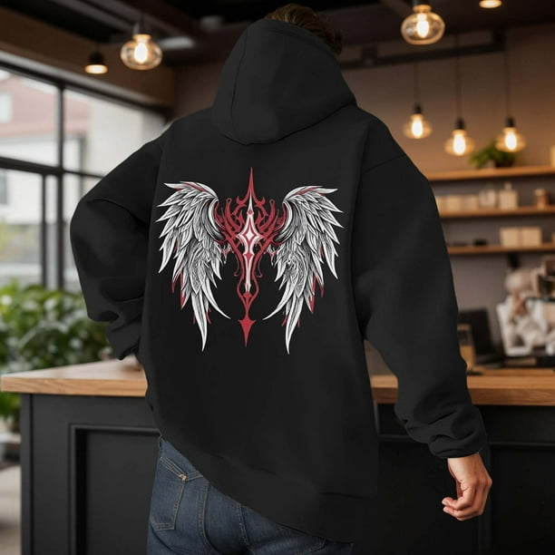 MHFRRA Sudadera con Capucha Informal con Estampado de Alas de Ángel de Invierno, Sudadera con Forro Suave, Sudadera Acogedora con Bolsillo Frontal para Exteriores Negro